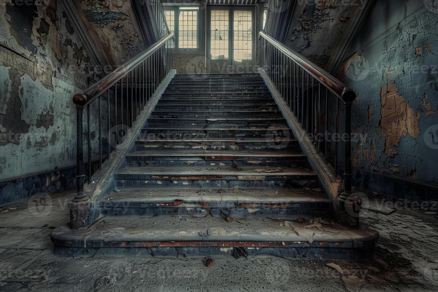 Crumbling staircase leading to broken window in abandoned building photo
