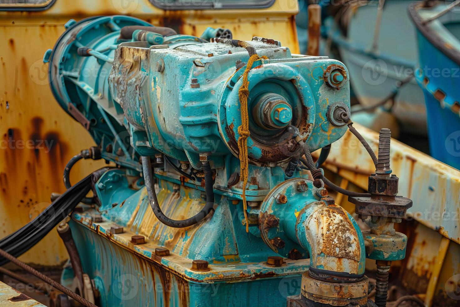 Rusty old boat engine showing signs of wear and tear photo