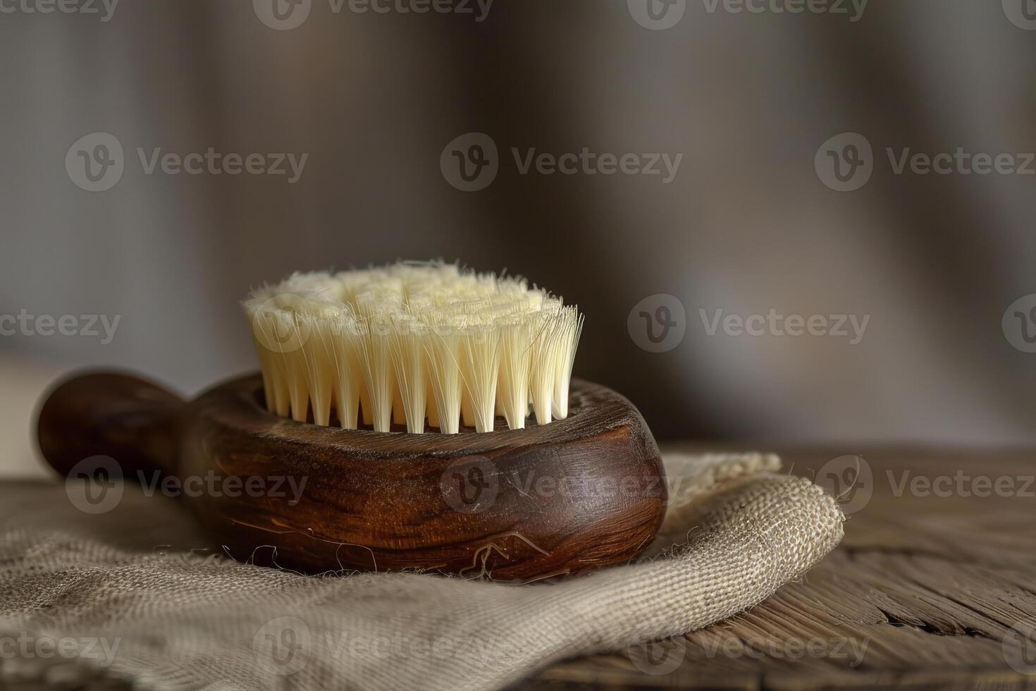 Dry massage brush with natural bristles resting on rustic wooden table photo
