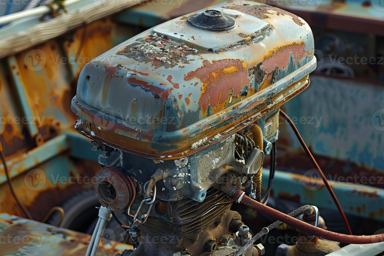 Rusty outboard motor on a decaying boat, neglect and the passage of time photo