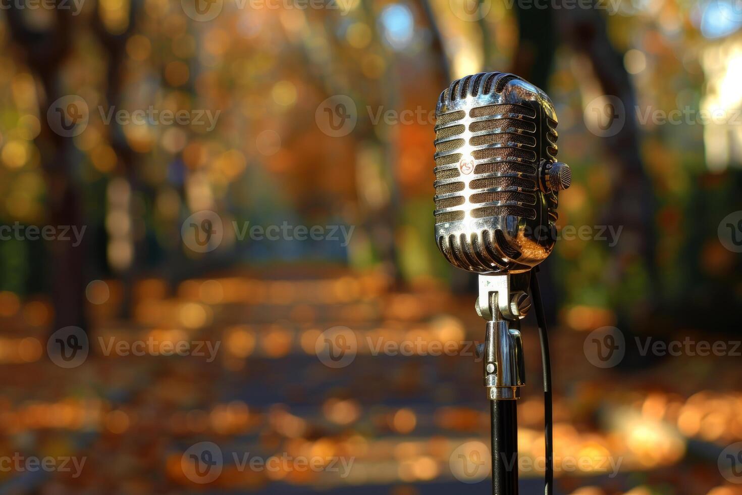 Vintage microphone standing in autumn park during golden hour photo