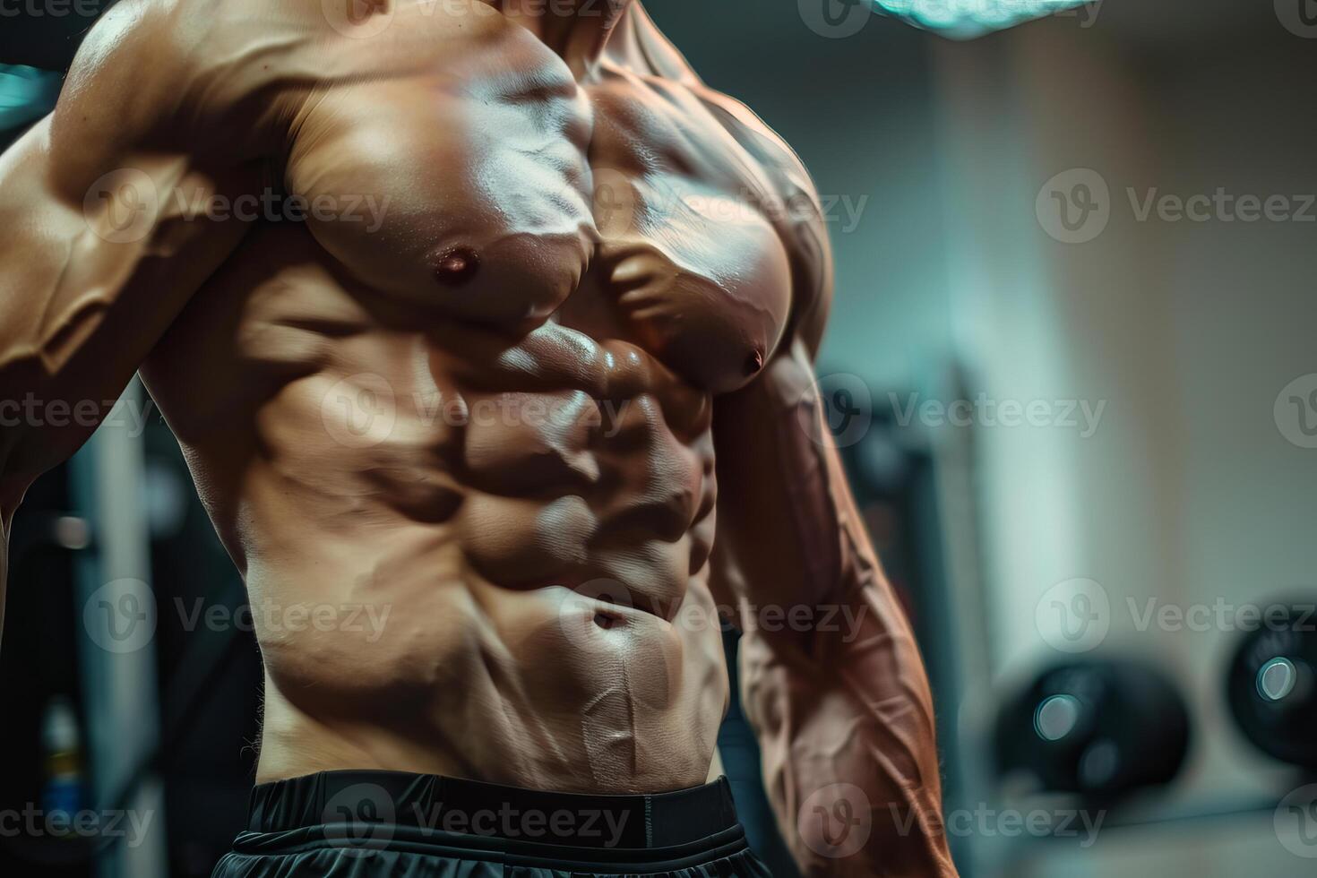 Bodybuilder showing impressive six pack abs and muscles in gym photo