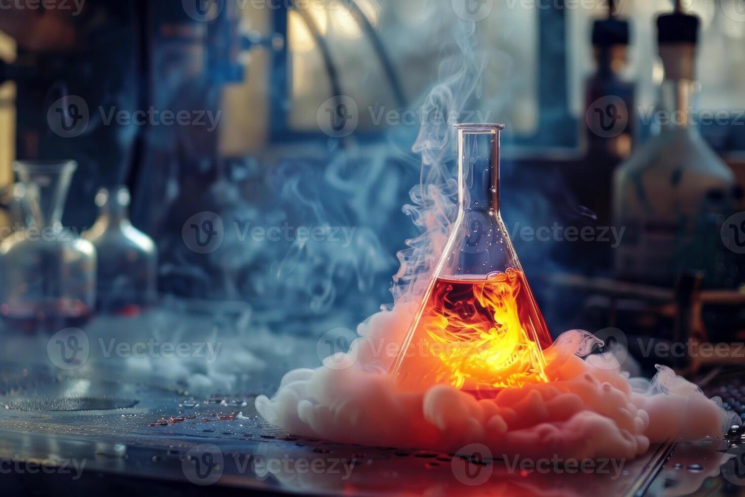 Chemical reaction releasing smoke and flames in laboratory flask photo
