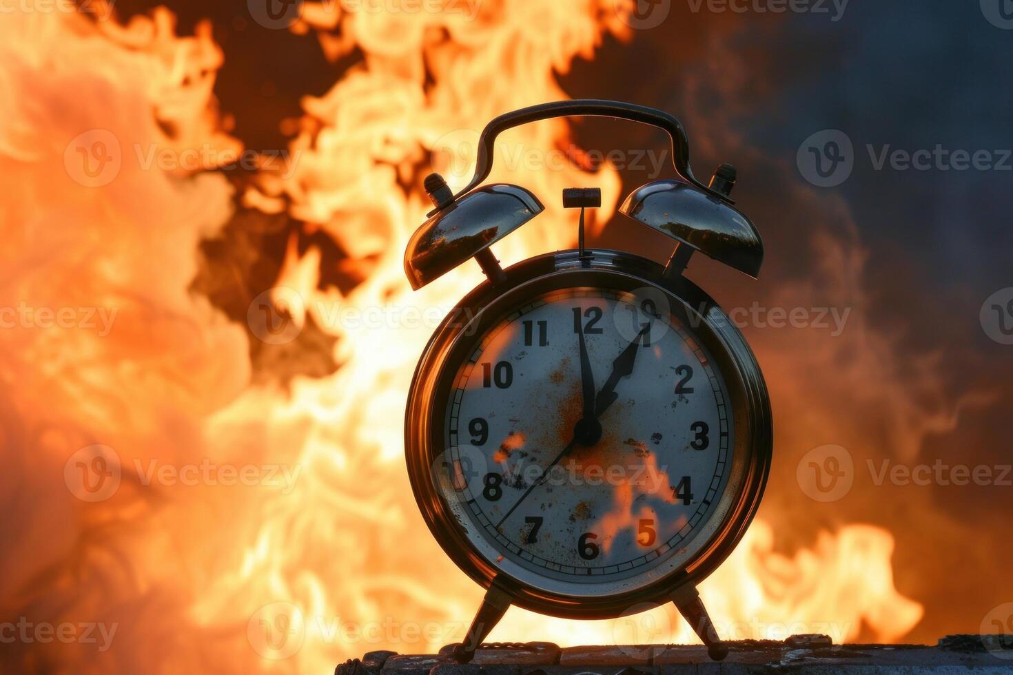 Vintage alarm clock burning in flames, time running out photo