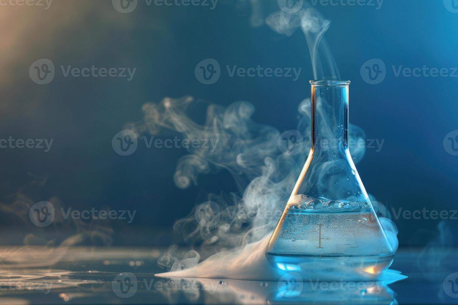 Chemical reaction creating smoke from erlenmeyer flask in laboratory setting photo