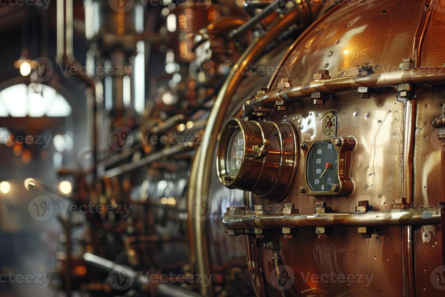 Copper boiler with pressure gauge generating steam in industrial setting photo
