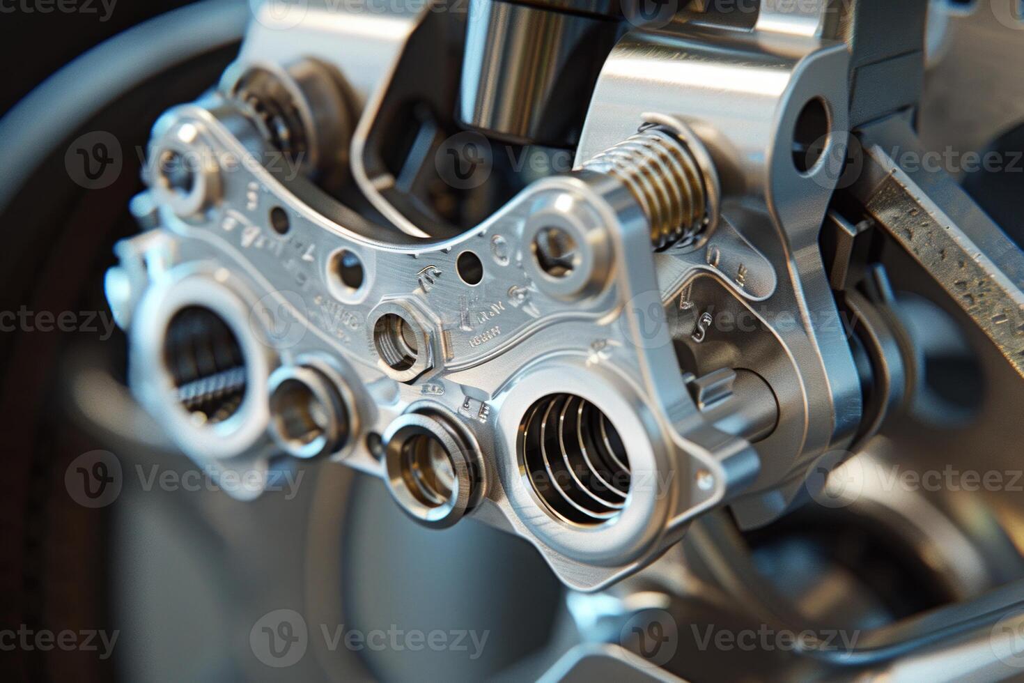 Close up of polished metal mechanical part with springs and screws photo