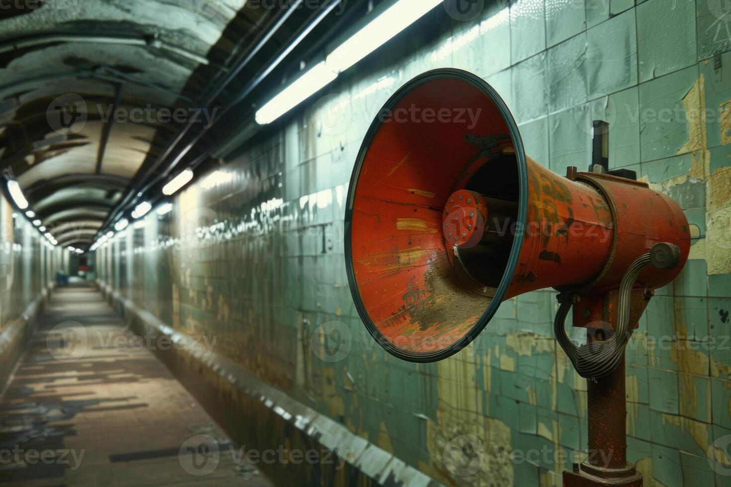 Old rusty loudspeaker hanging in abandoned subway tunnel photo
