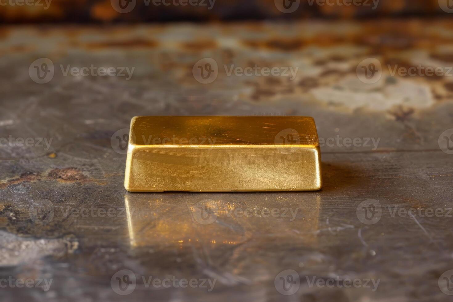 Gold bar resting on metal surface reflecting light photo
