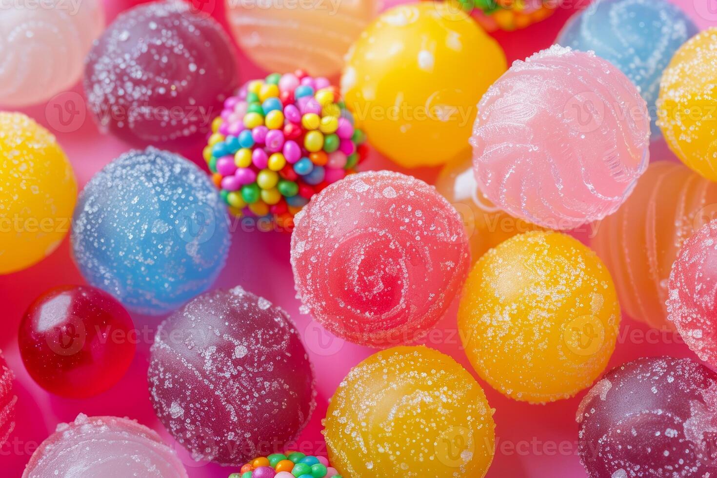 Assorted colorful candy balls on a pink background create a vibrant and tempting sugary treat arrangement photo
