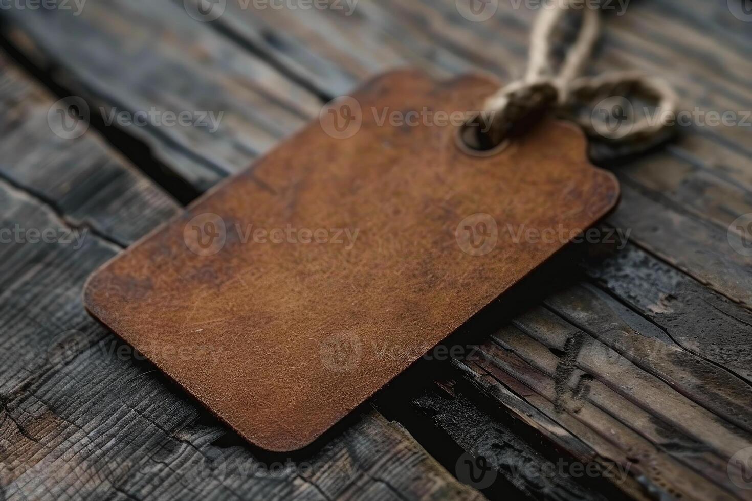 Blank leather label with string on rustic wooden table photo
