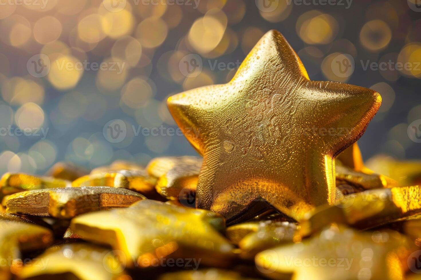 Large golden star standing out from the crowd of small stars on a sparkling background photo