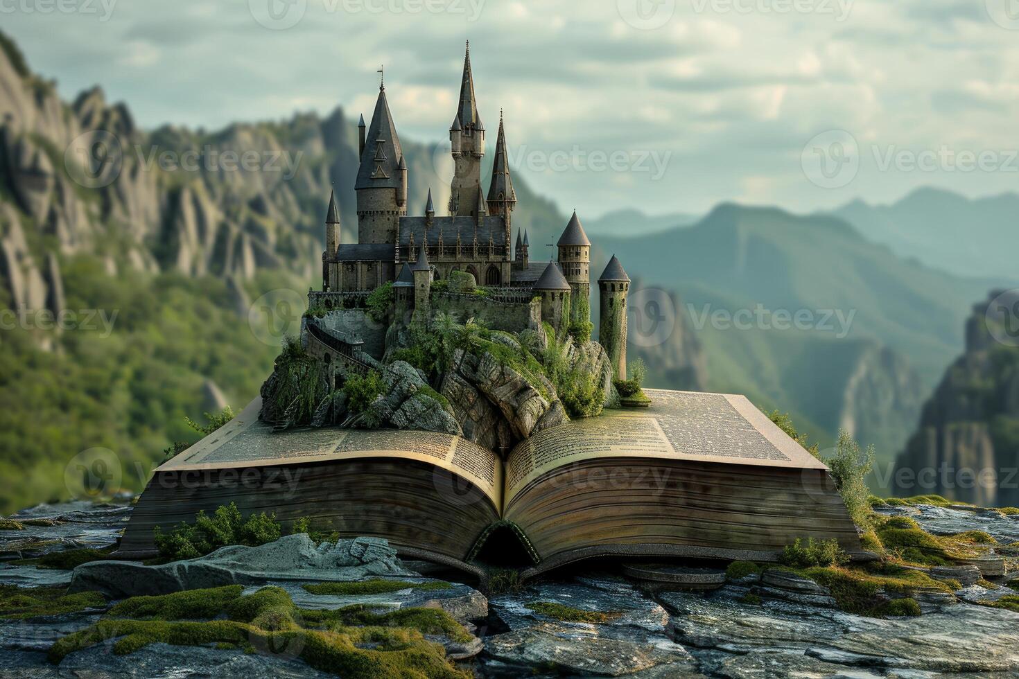 Fairytale castle emerging from open book in magical landscape photo