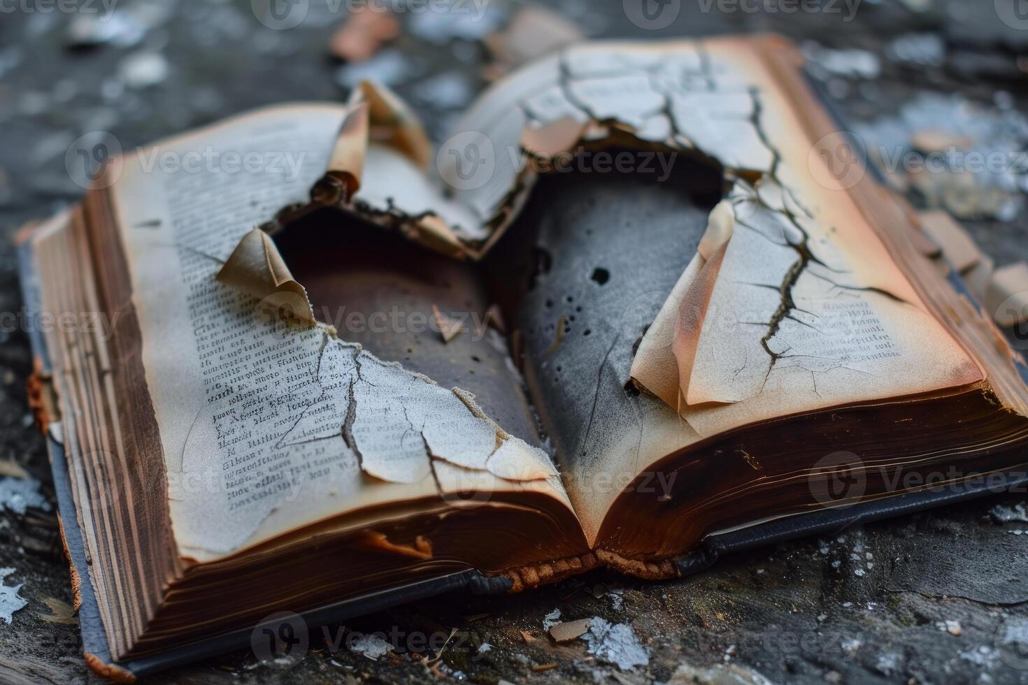 Damaged old book with burnt pages forming heart shape, laying on stone surface photo