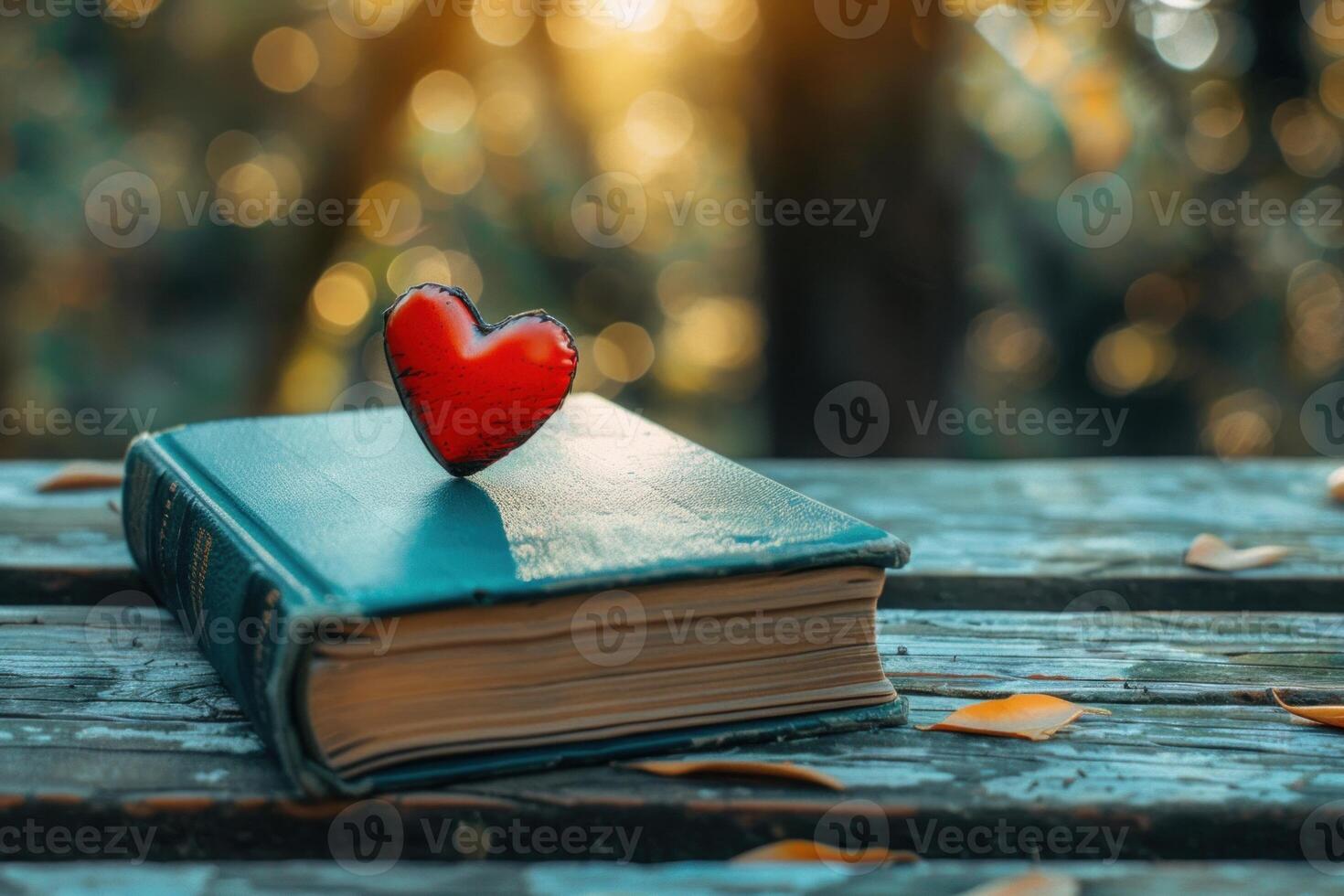 Red heart resting on book outdoors, symbolizing love for reading photo