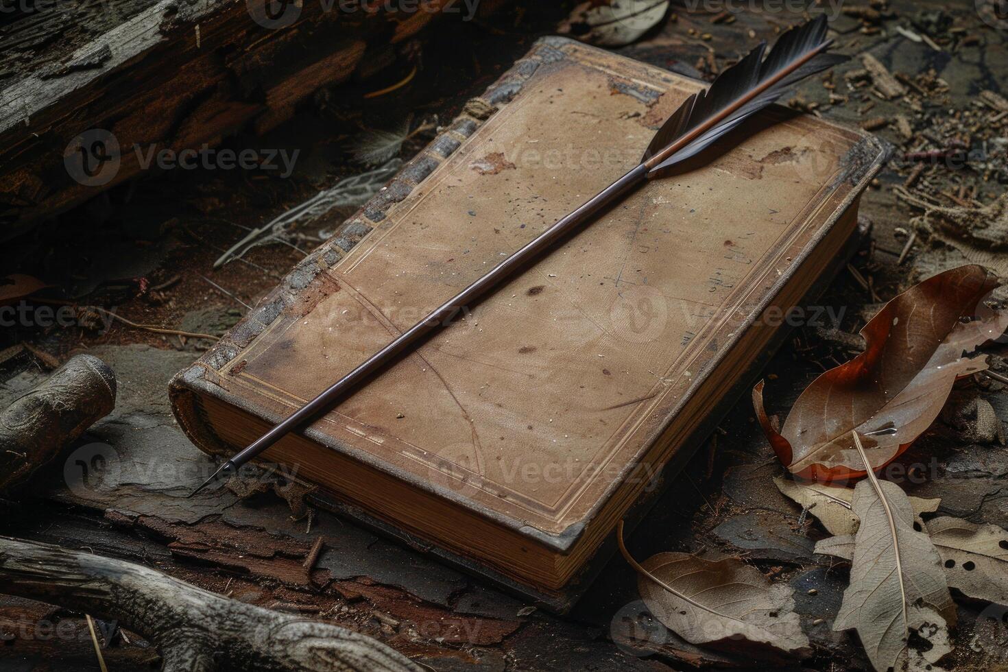 Feather pen resting on ancient book in abandoned house photo