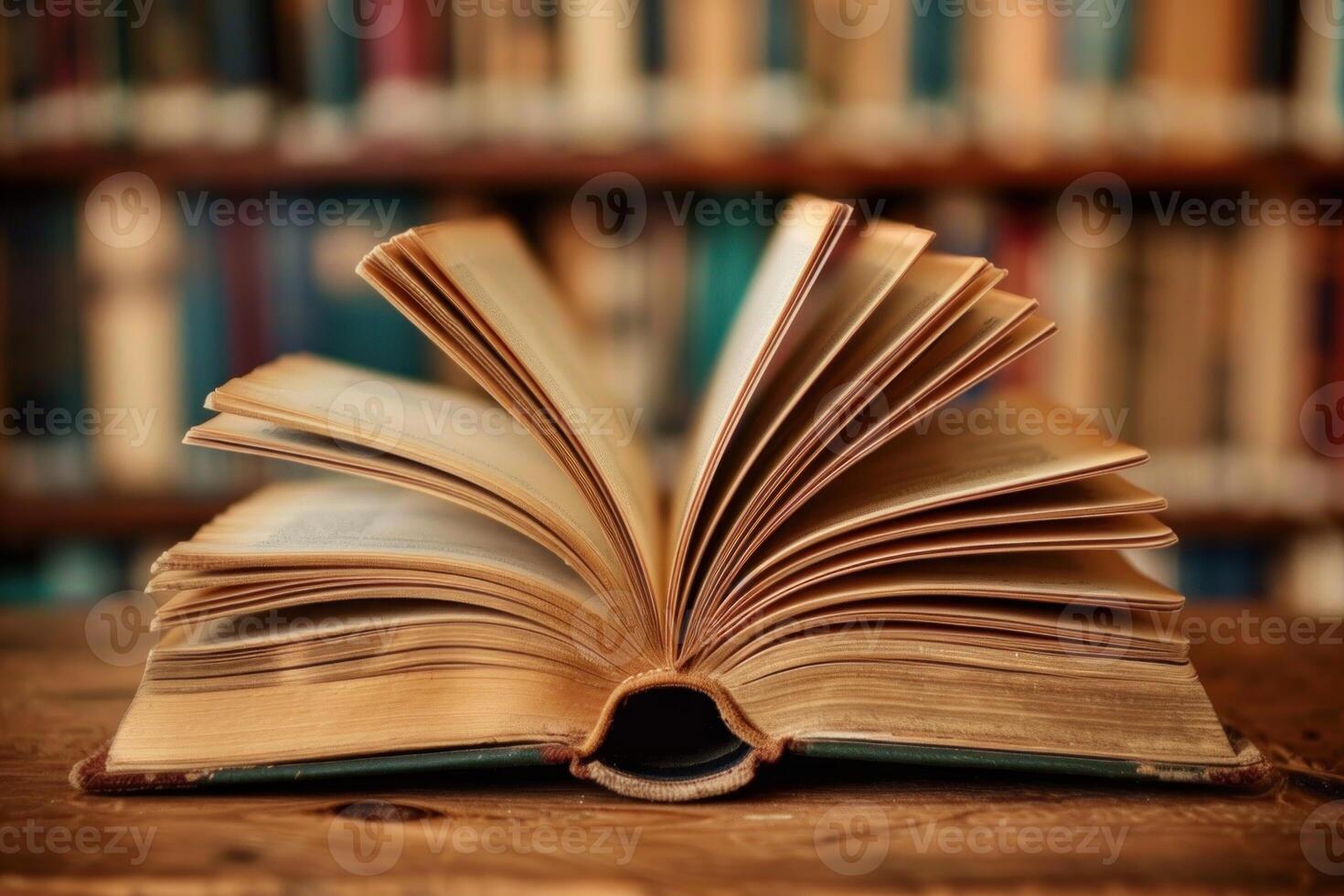 Open book resting on wooden table in library setting photo