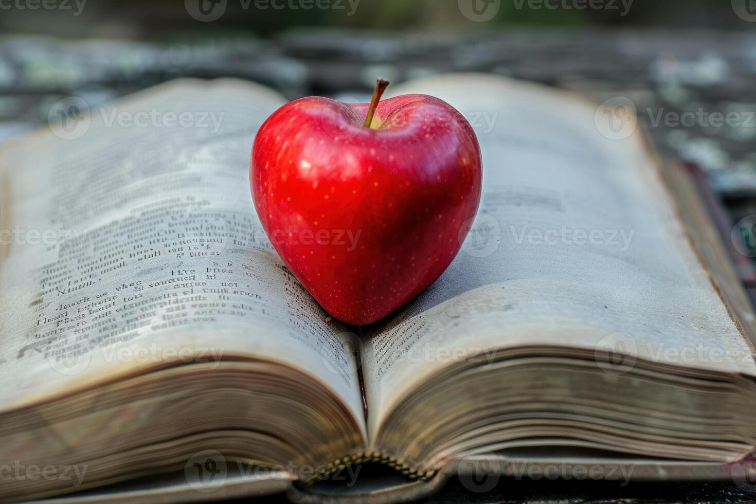 Heart shaped red apple resting on open book symbolizing knowledge and healthy lifestyle photo