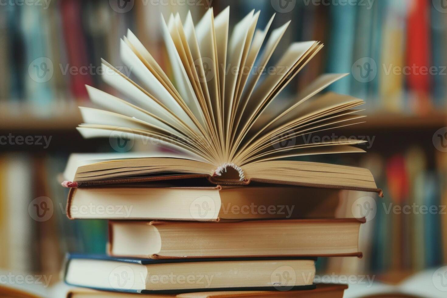 Open book resting on stack of books in library setting photo