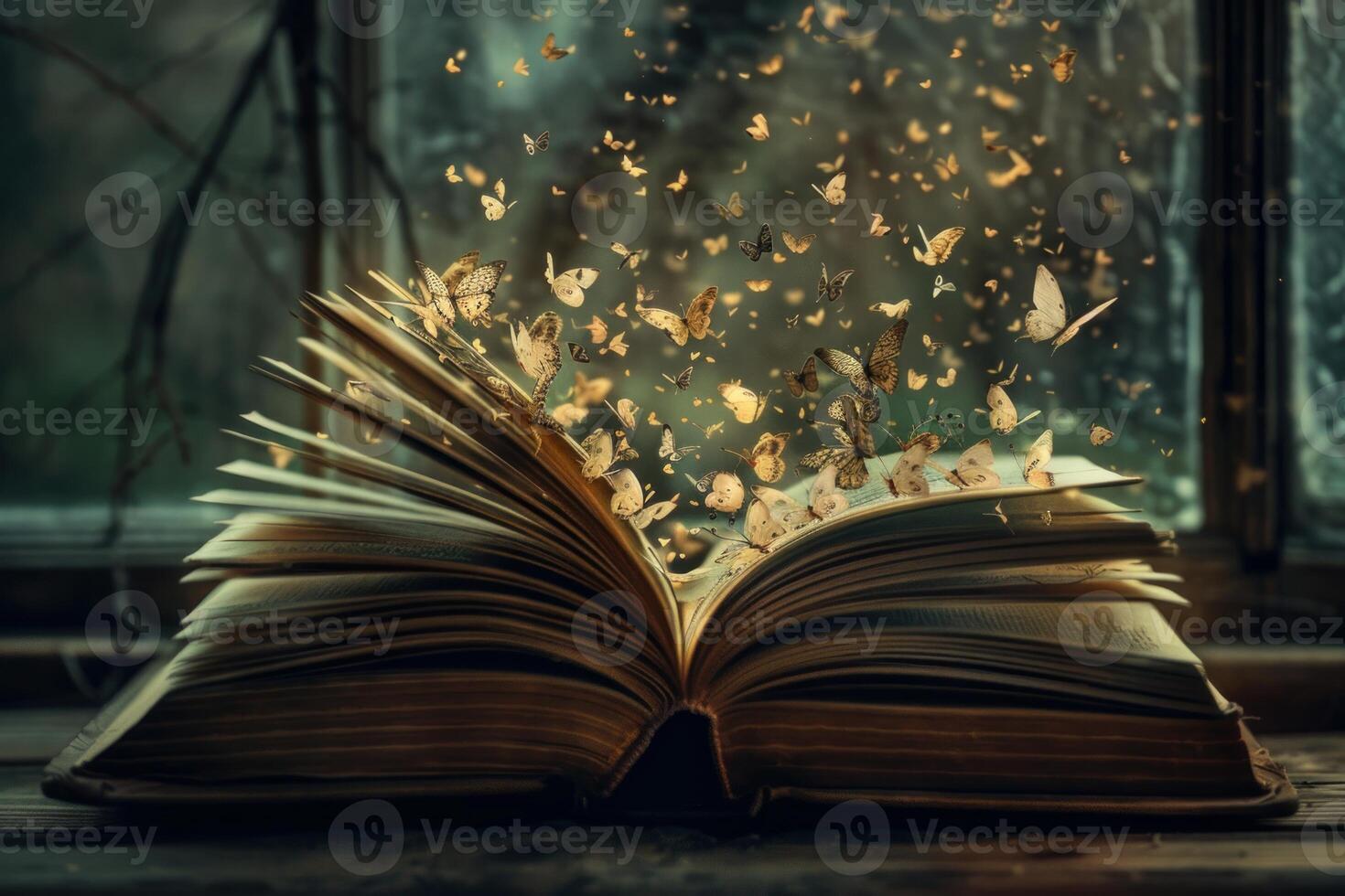 Open book releasing a swarm of golden butterflies in a mystical setting photo