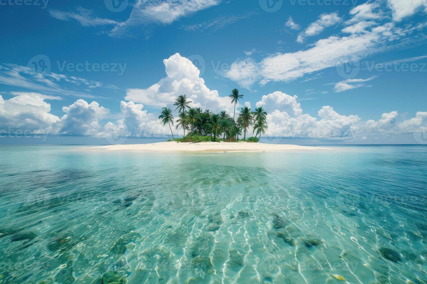 Tropical island with palm trees rising from crystal clear water under cloudy sky photo