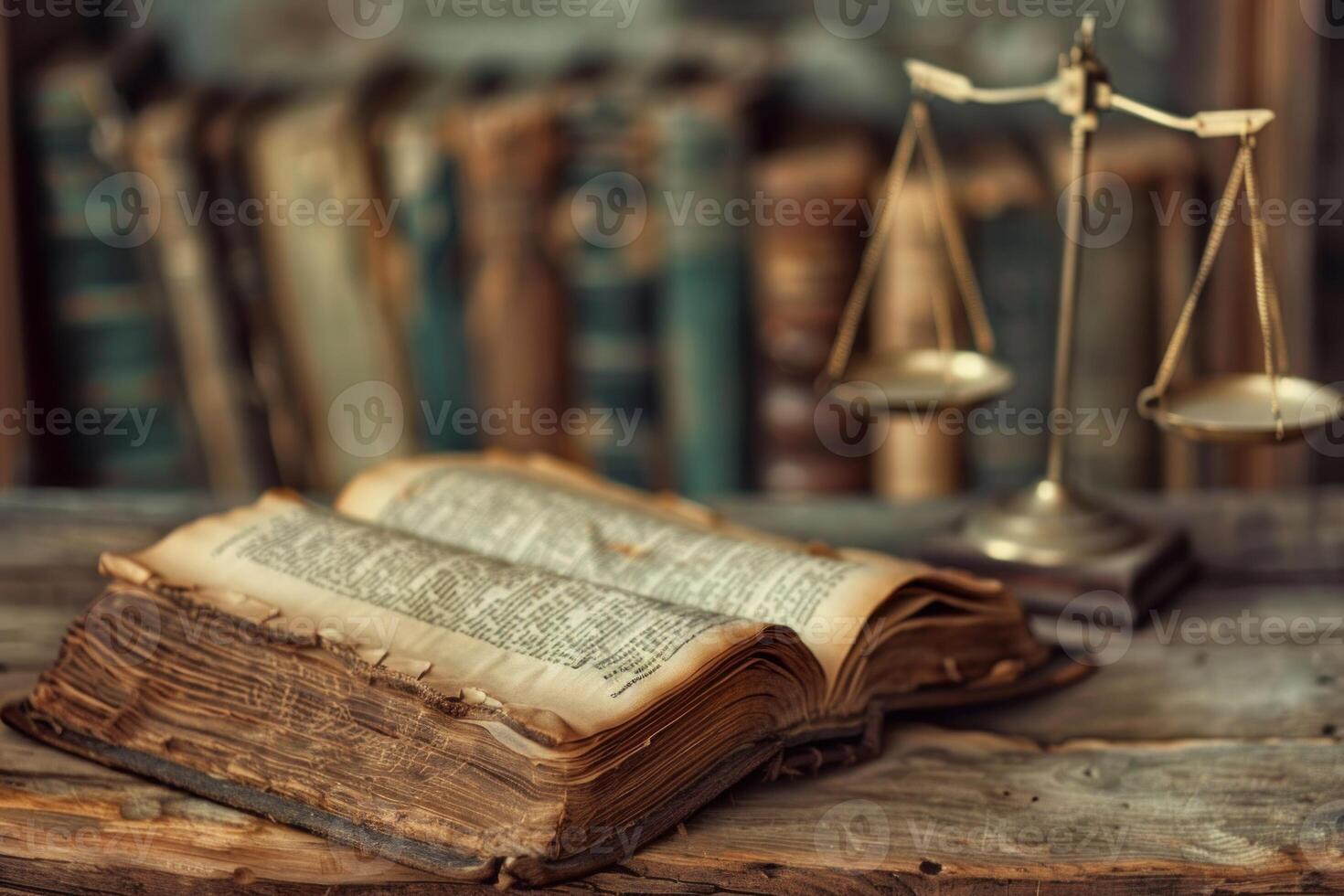 Open antique book and scales of justice symbolizing law and order photo
