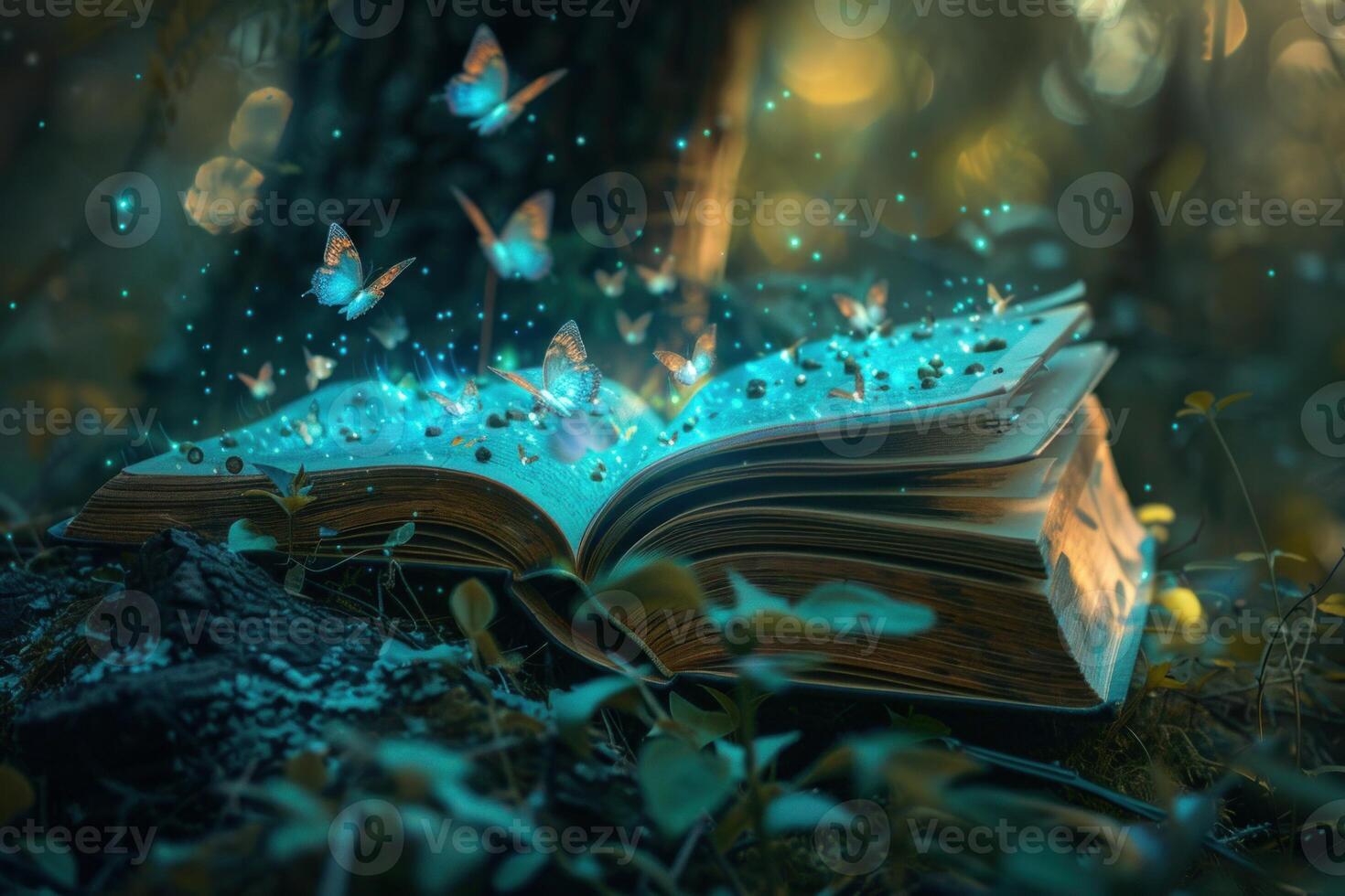 Open magic book glowing and releasing bright butterflies in enchanted forest photo