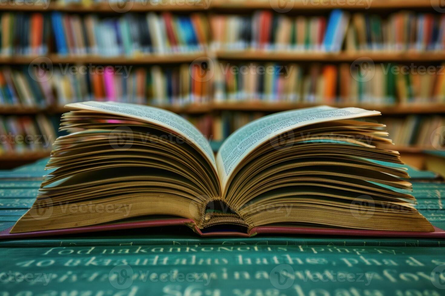 Open book lying on top of other books in library photo