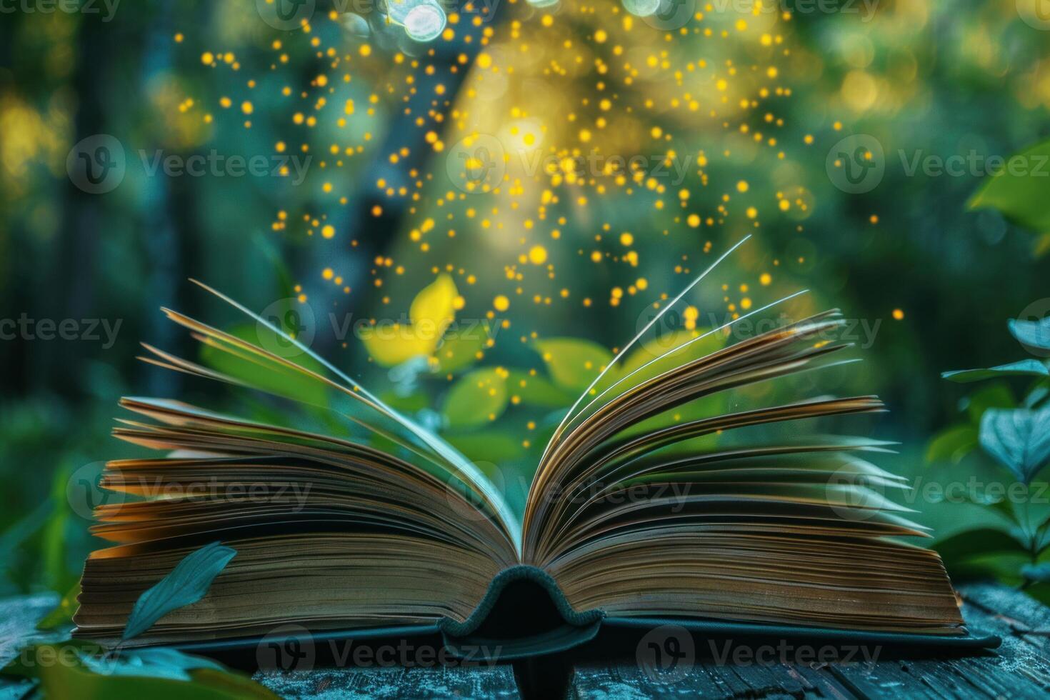 Open book with magic particles emitting light in forest setting photo