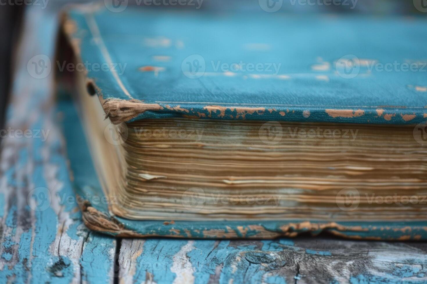 Close up of antique book resting on rustic wooden surface photo