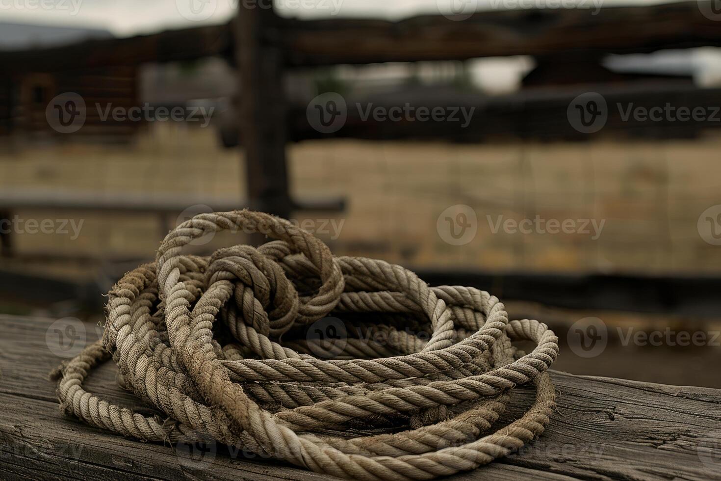 Old rope resting on wooden beam in ranch setting photo