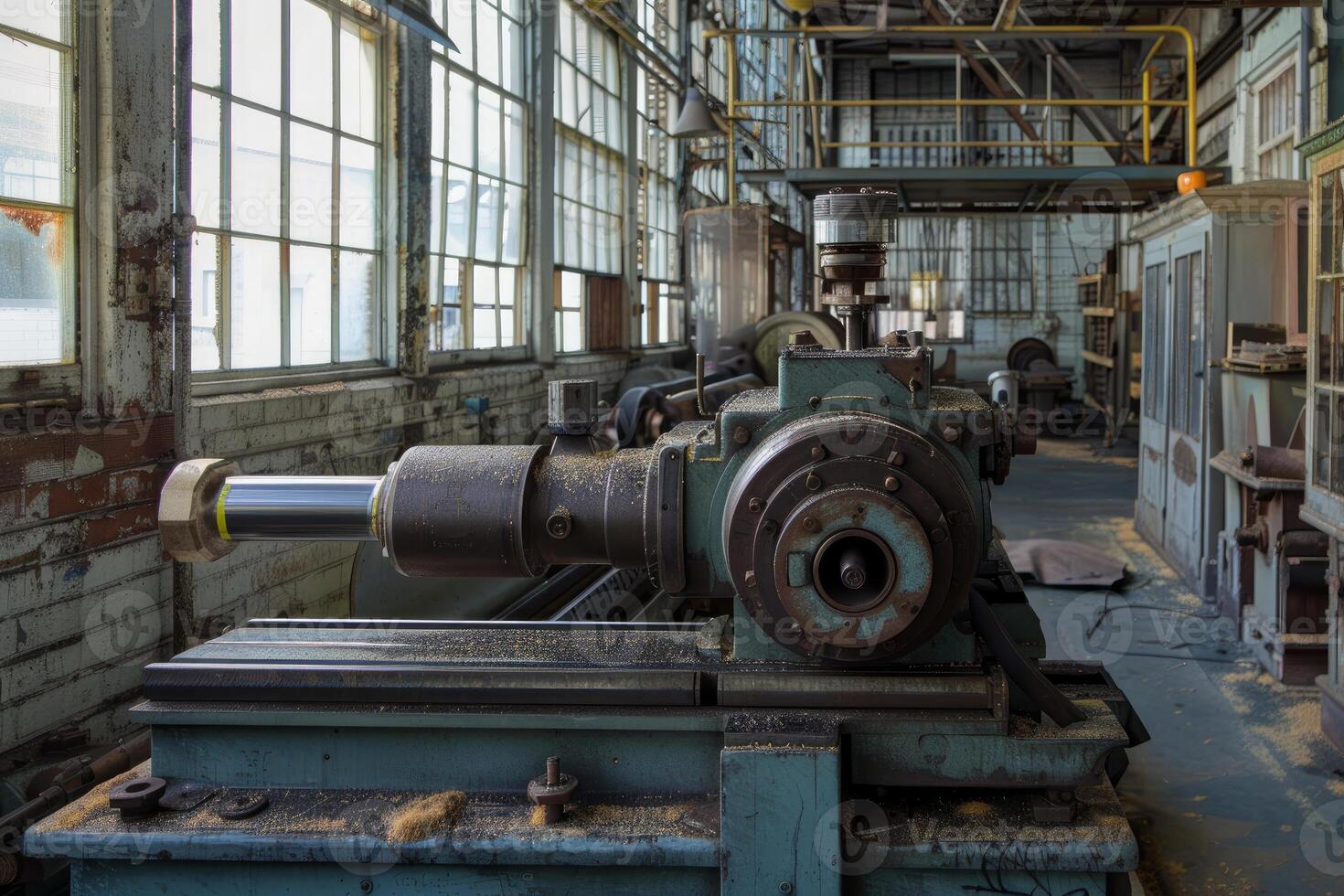 Old rusty industrial lathe machine sitting in abandoned factory photo