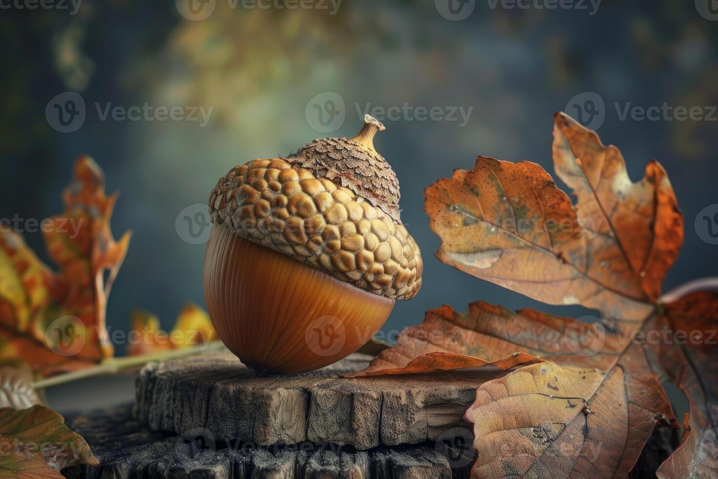Acorn balancing on tree stump with autumn leaves in the background photo