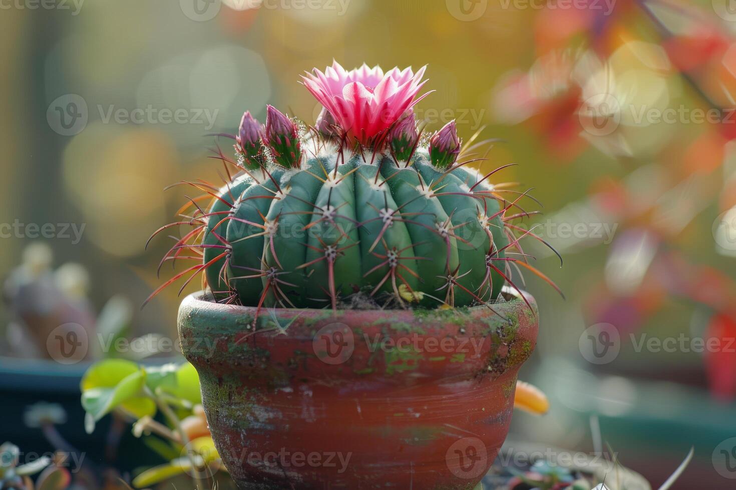Blooming cactus with pink flower in terracotta pot photo