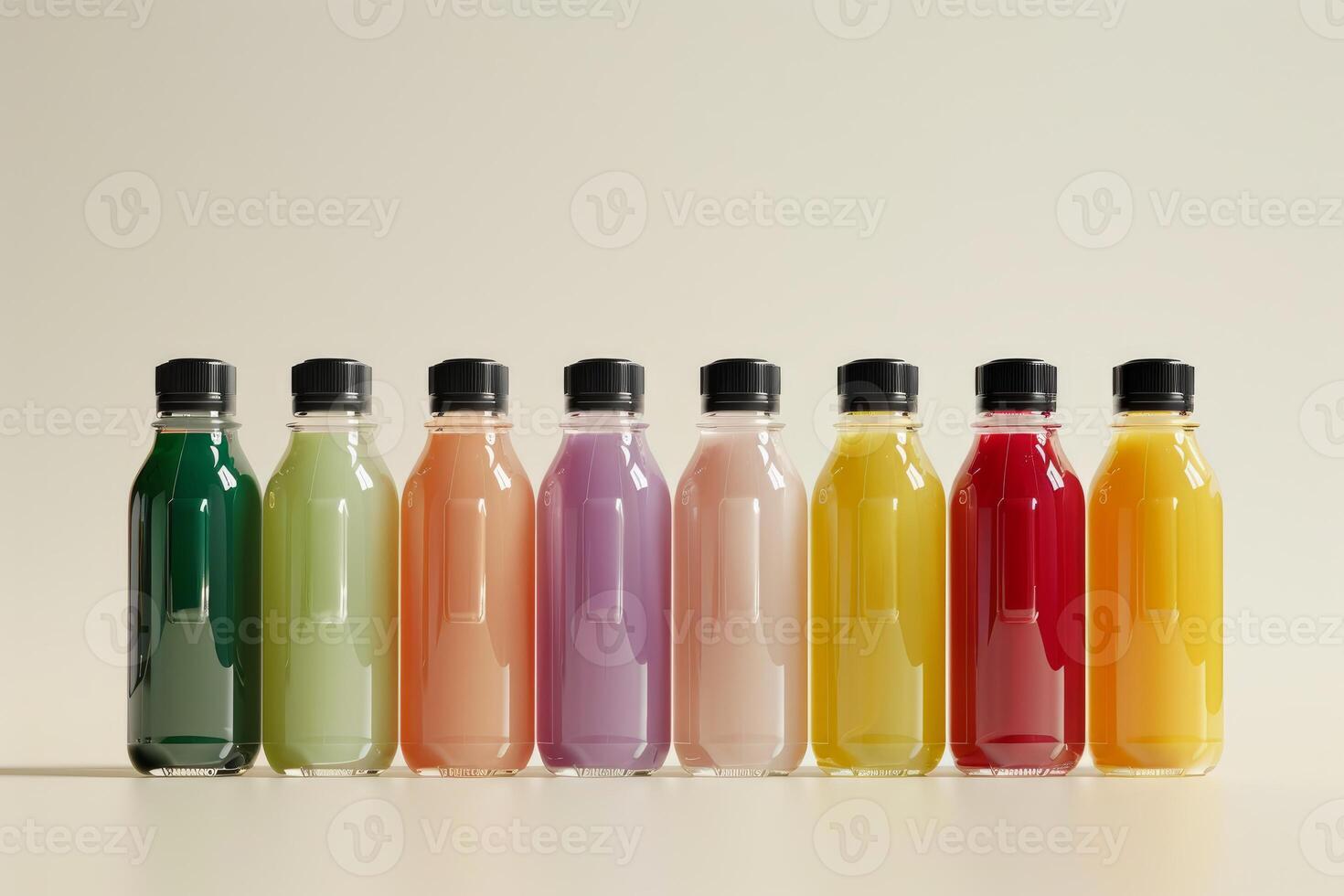 Colorful smoothies or juices in bottles forming a gradient, photo