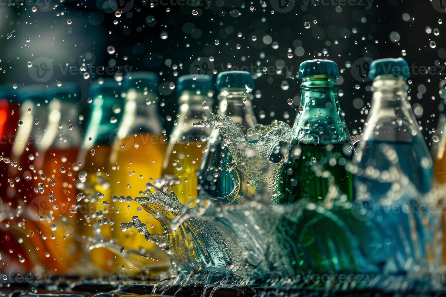Colorful glass bottles with soda splashing water photo