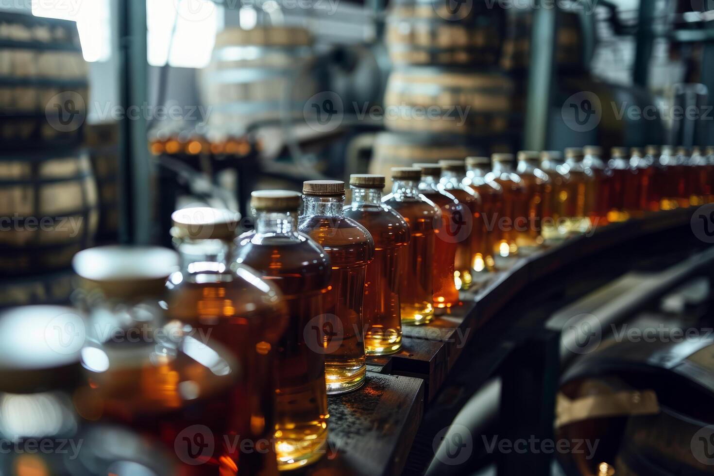 Bottles of alcoholic beverage moving on conveyor belt in distillery photo