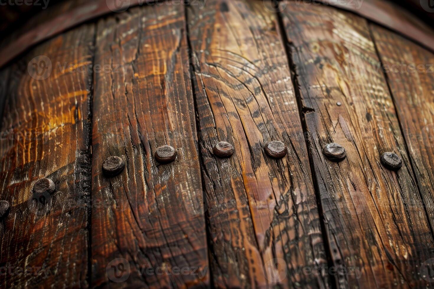 Close up of wooden barrel showing rustic texture and metal rivets photo