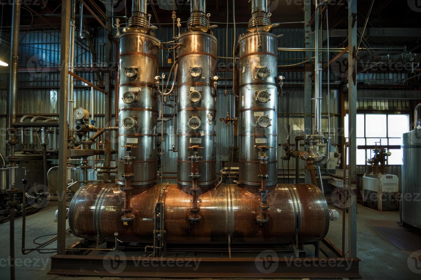 Copper and steel distillation tanks processing spirits in distillery photo