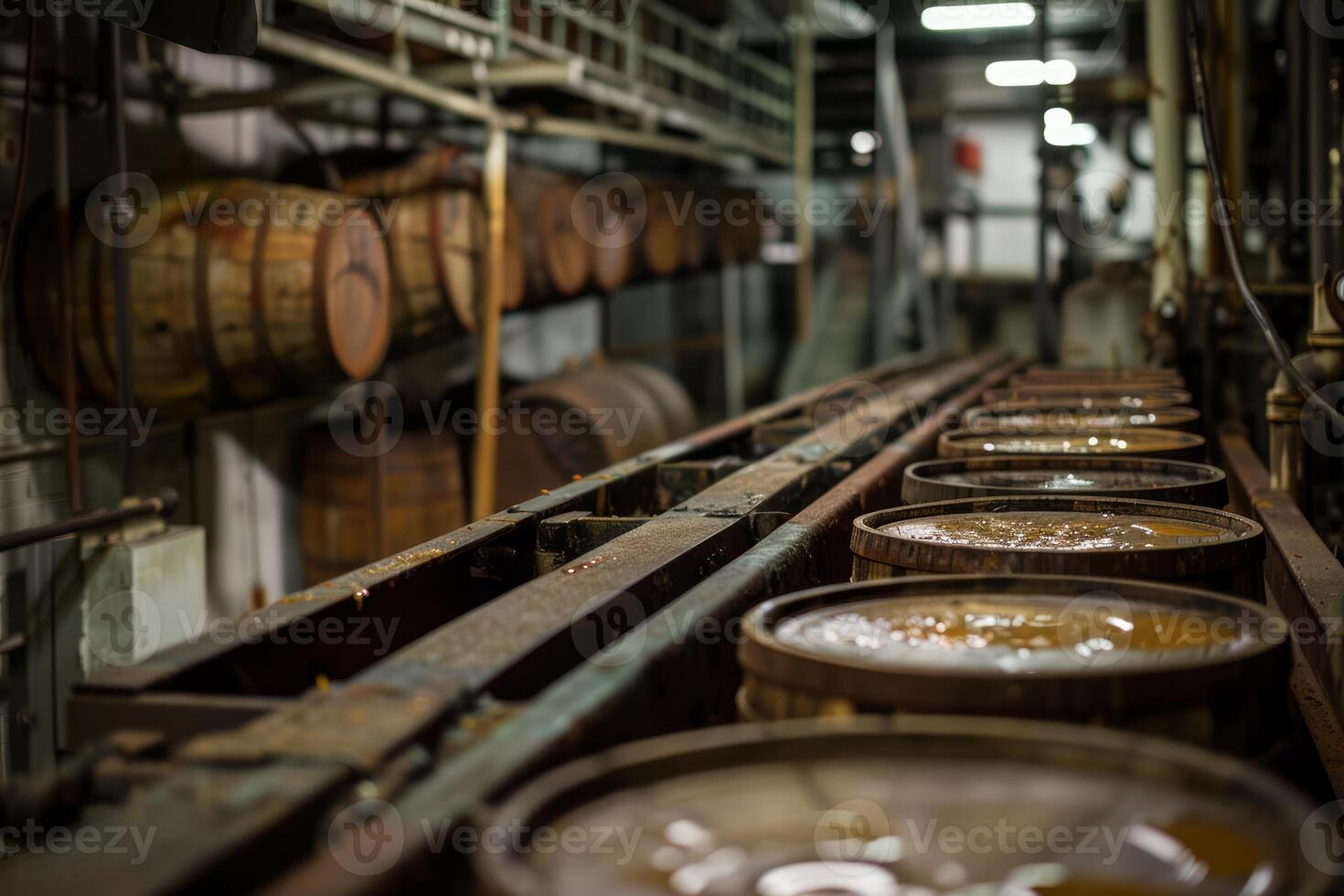 Oak barrels passing through assembly line in distillery photo