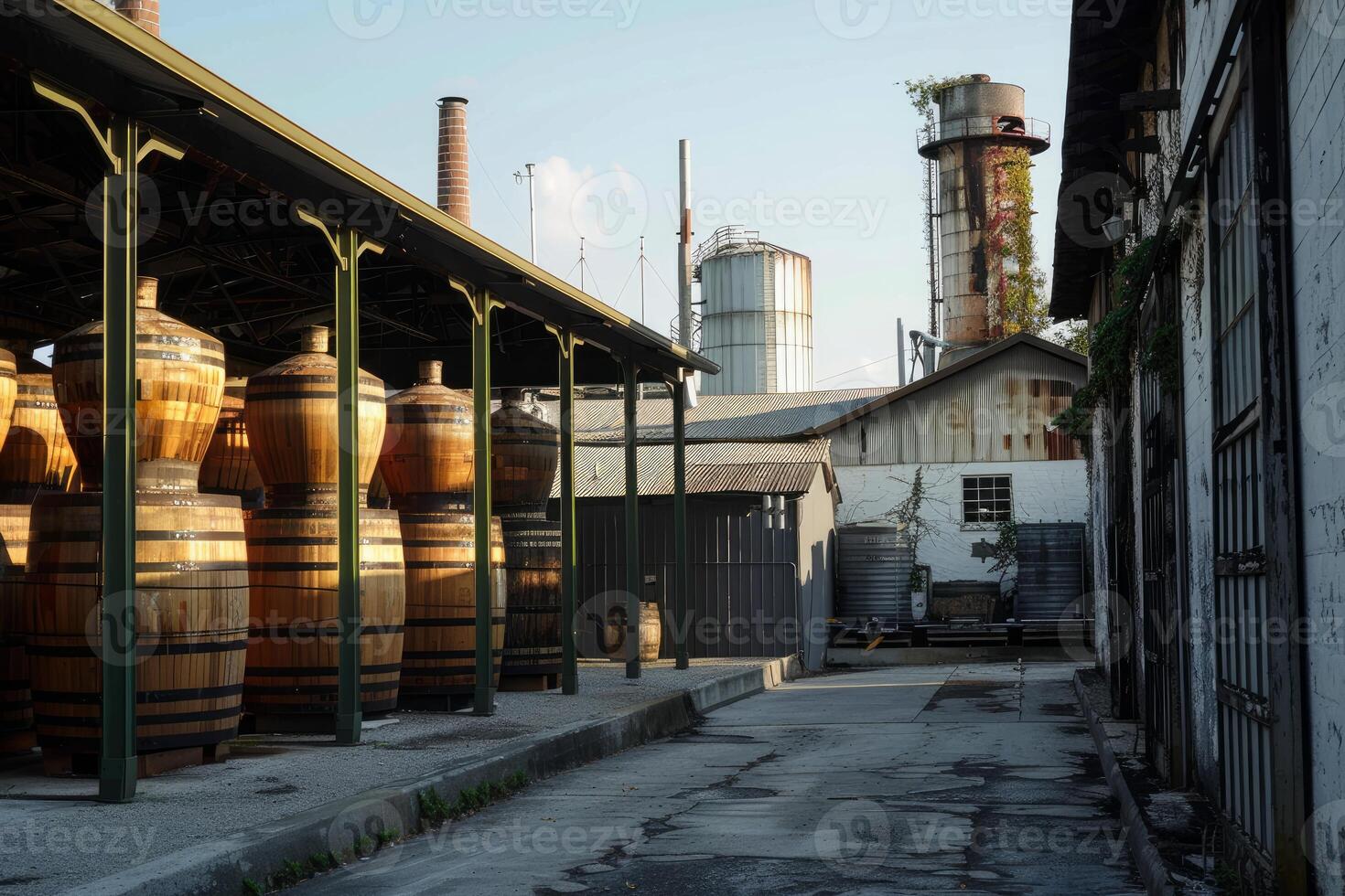 Oak barrels aging under canopy at distillery or winery photo
