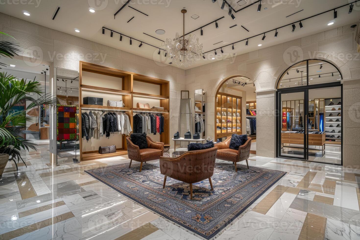 Luxurious clothing store interior design with elegant furniture and marble floor photo