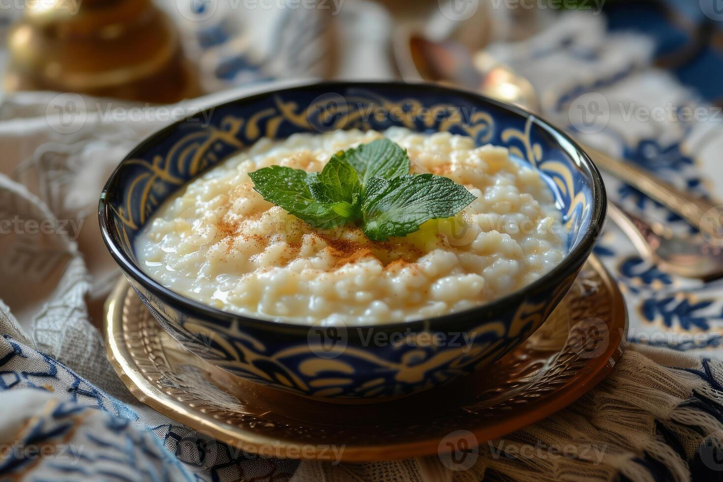 Creamy rice pudding decorated with fresh mint and cinnamon in a bowl photo