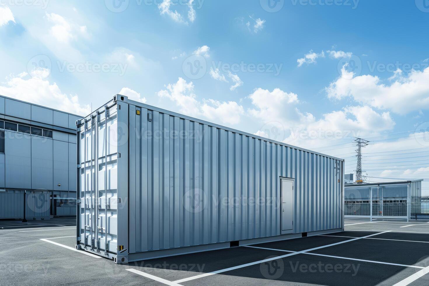 Shipping container stands in empty parking lot under blue sky photo