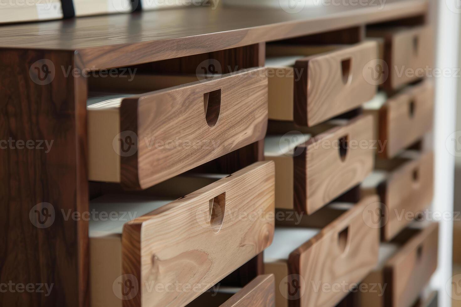 Wooden cabinet with open drawers showing interior in warm light photo