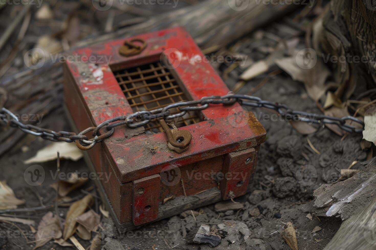 Red wooden trap secured with metal chain lying on forest floor photo