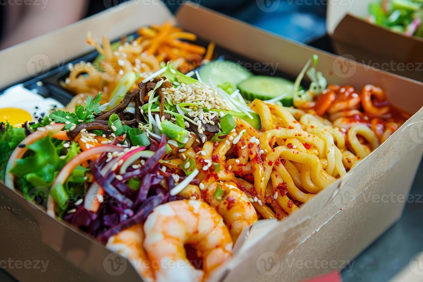 Delicious bibimbap box filled with noodles, shrimp, and fresh vegetables photo