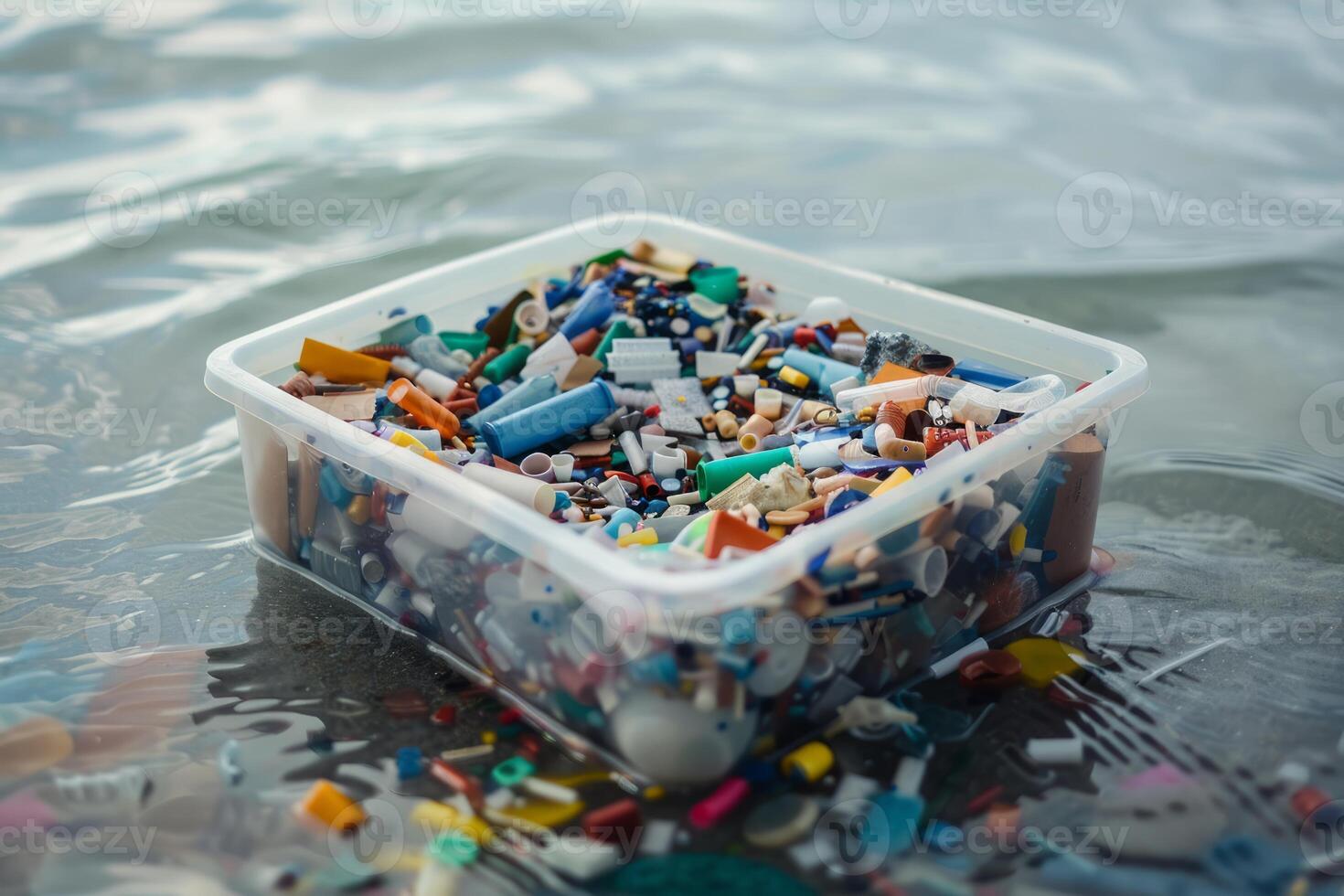 Container full of microplastics floating on polluted water surface photo