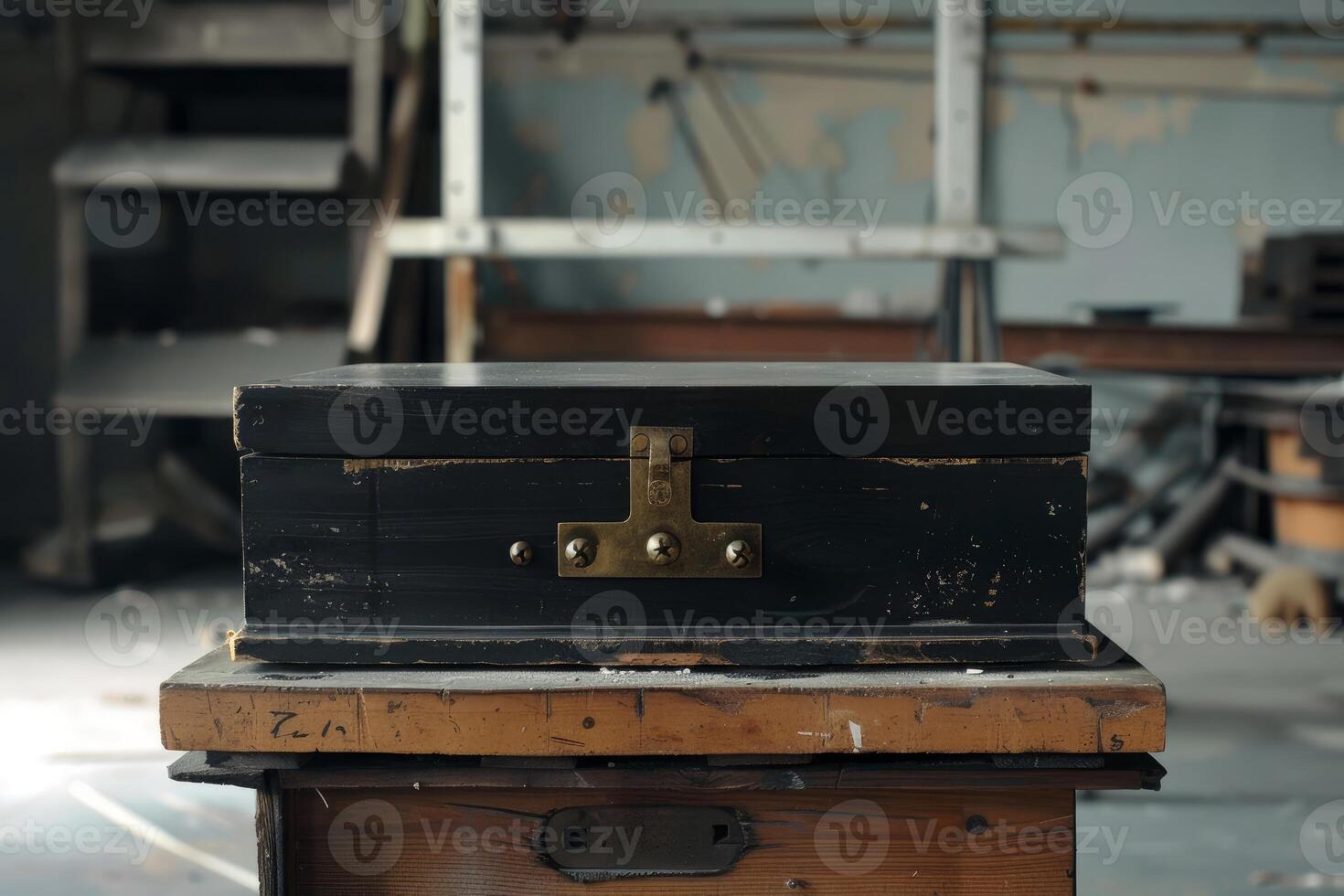 Old black wooden box sitting on desk in abandoned workshop photo