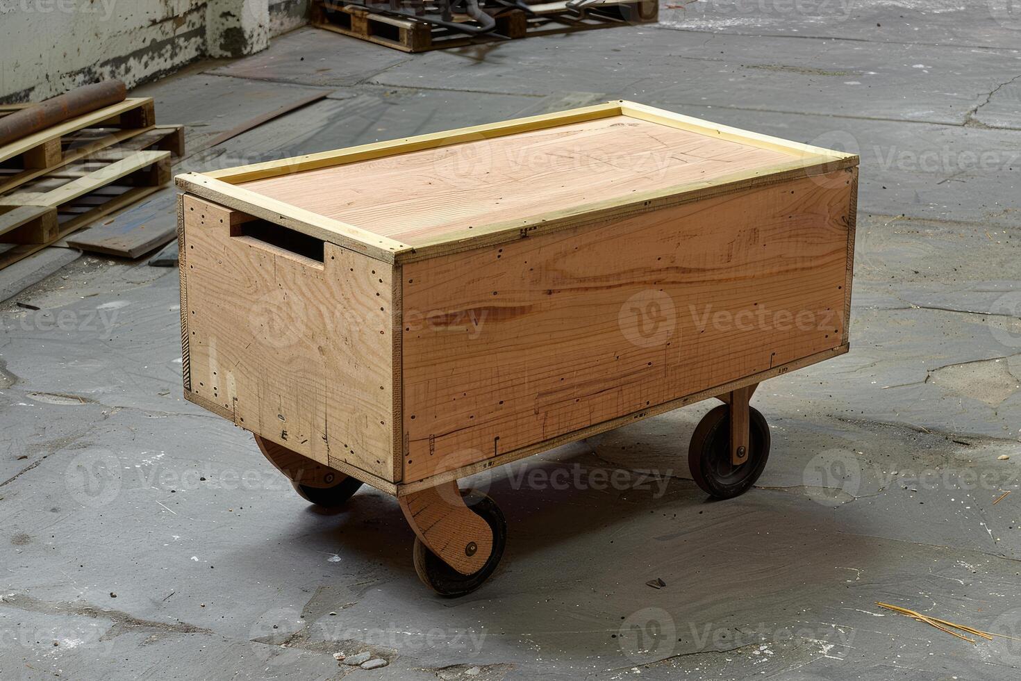 Wooden crate on wheels stands in empty warehouse photo